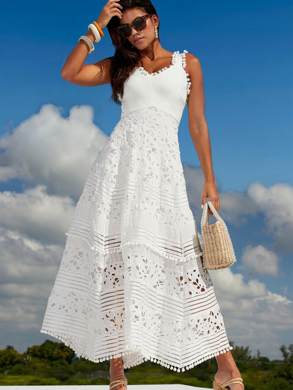 Boston Proper Mixed Media Lace Pom Pom Dress